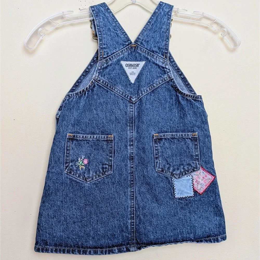 Oshkosh B'gosh Girls Vintage Y2K Denim Patchwork Bib Overalls Jumper Size 2T
